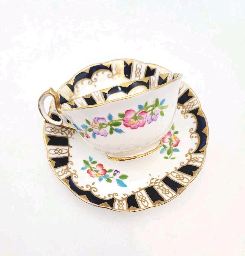 Royal Albert Tea Cup & Saucer Fine Bone Cobalt Blue Beaded Painted Discontinued